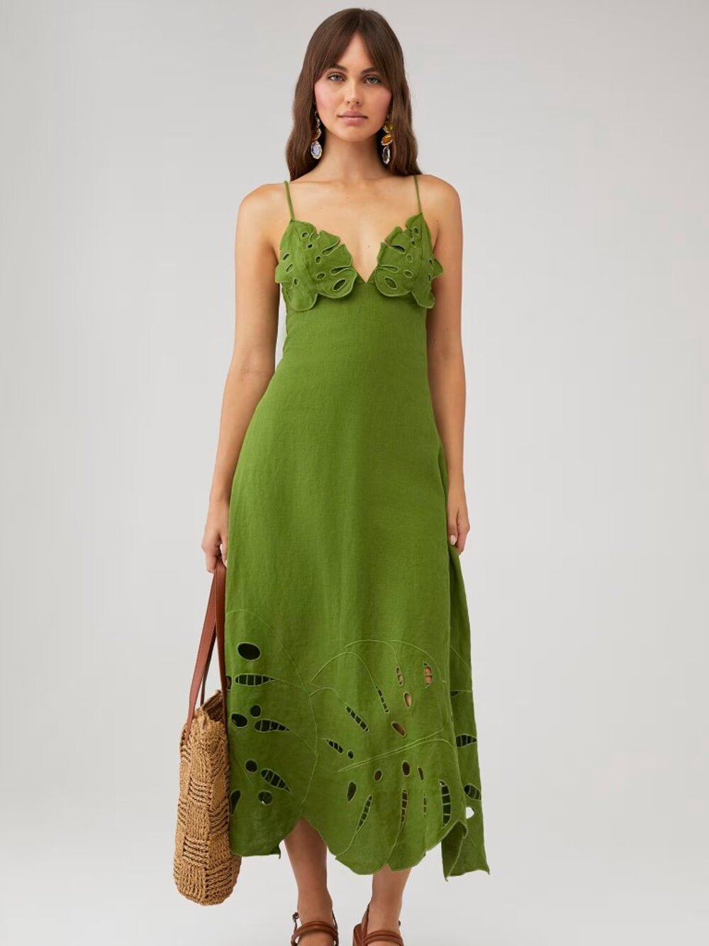 NWT Farm Rio Monstera Embroidered Linen Midi Dress